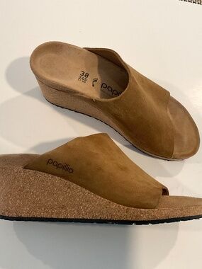 PAPILLIO by BIRKENSTOCK Namica Suede Wedge Platform Slide Sandal Cognac Size  7